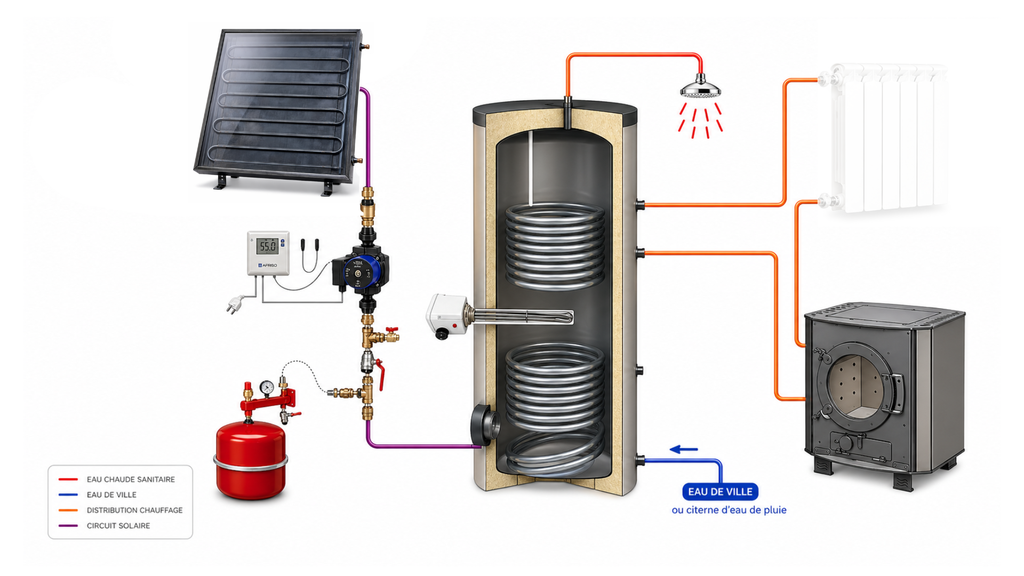 Chauffe-eau solaire 300-4m2 + poêle Julius à fabriquer