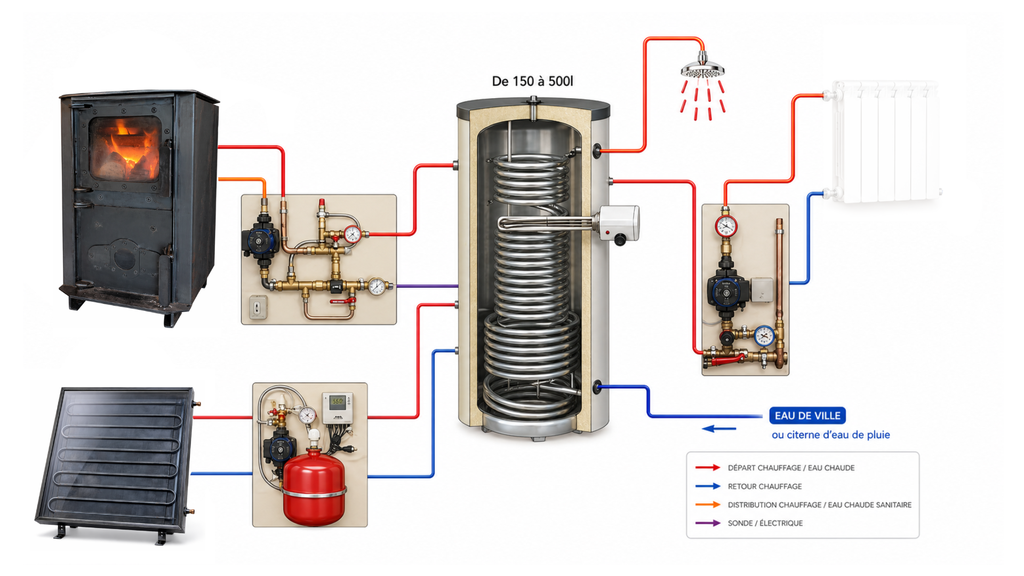 Système solaire combiné 150L - 2m2 + poêle Tinylus à fabriquer