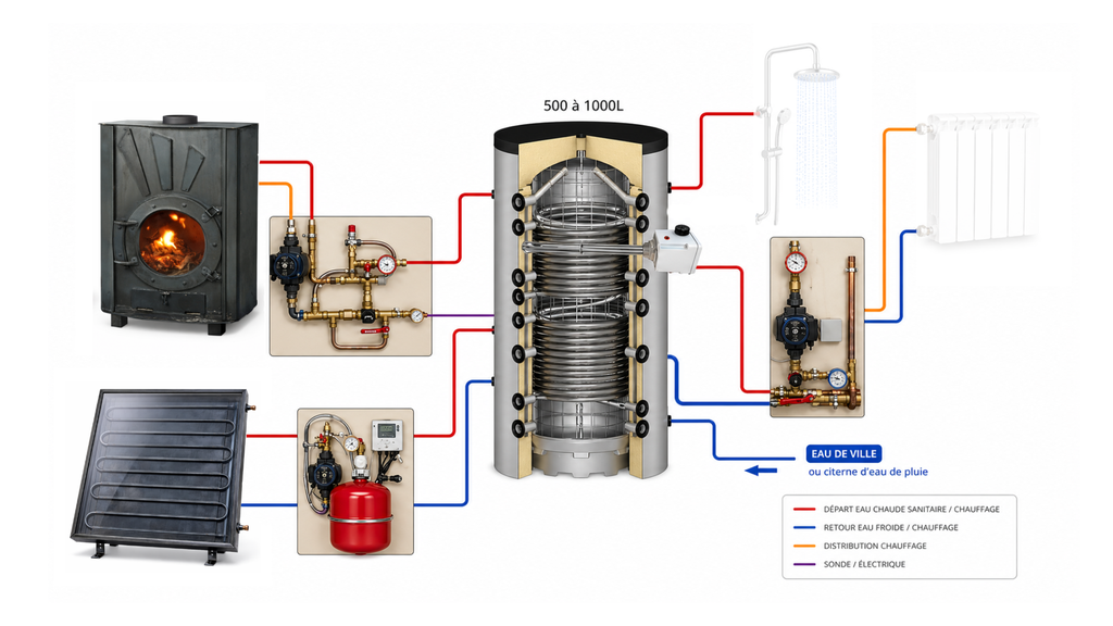 Système solaire combiné 800L - 12m2 + poêle Odyssey à fabriquer